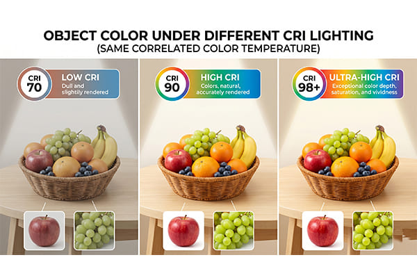 A comparison of an object under different CRI lighting