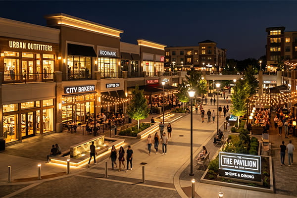 A well-lit commercial plaza at night showing balanced lighting for safety and atmosphere