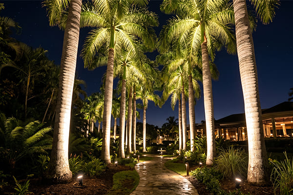 uplighting technique for tall palm tree