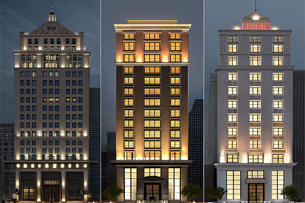 Different building facades with varying brightness levels