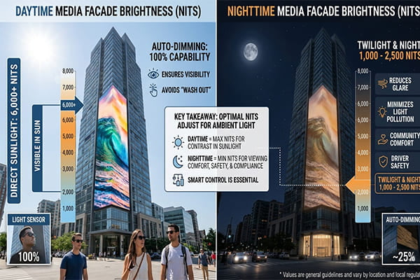 daytime vs nighttime media facade brightness nits