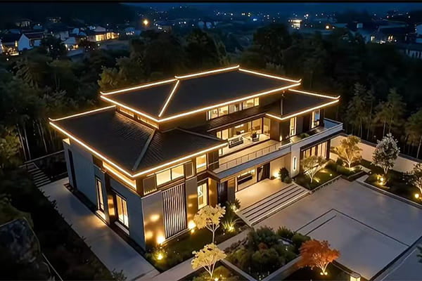 A beautifully lit garden path at dusk, showcasing waterproof outdoor lights