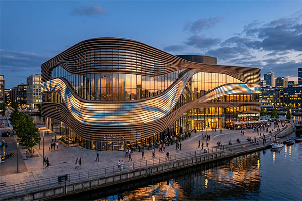 An elegantly integrated media facade that complements the architecture