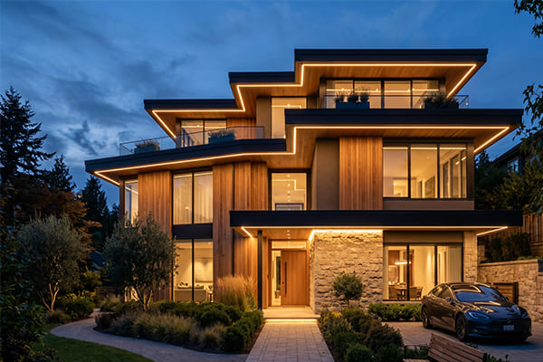 A building facade with expertly designed under eave lighting