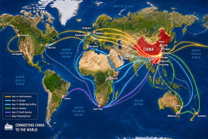 [A world map with shipping routes highlighted between China and other continents