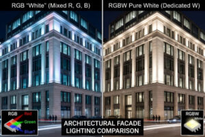 A side-by-side comparison of a building lit with RGB white and RGBW pure white